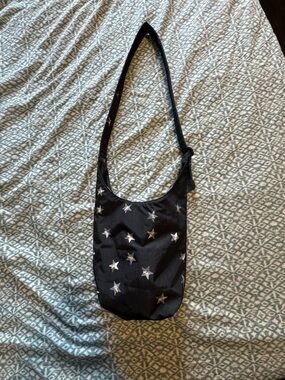 BAGGU Small Nylon Sling Bag Black with Silver Star sequin print